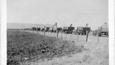 trucks queing to drop off their grain loads.
